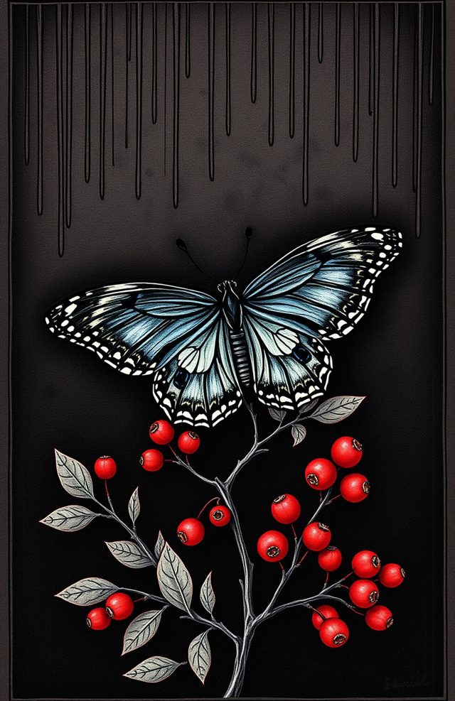 Black Butterfly on Yew Branch