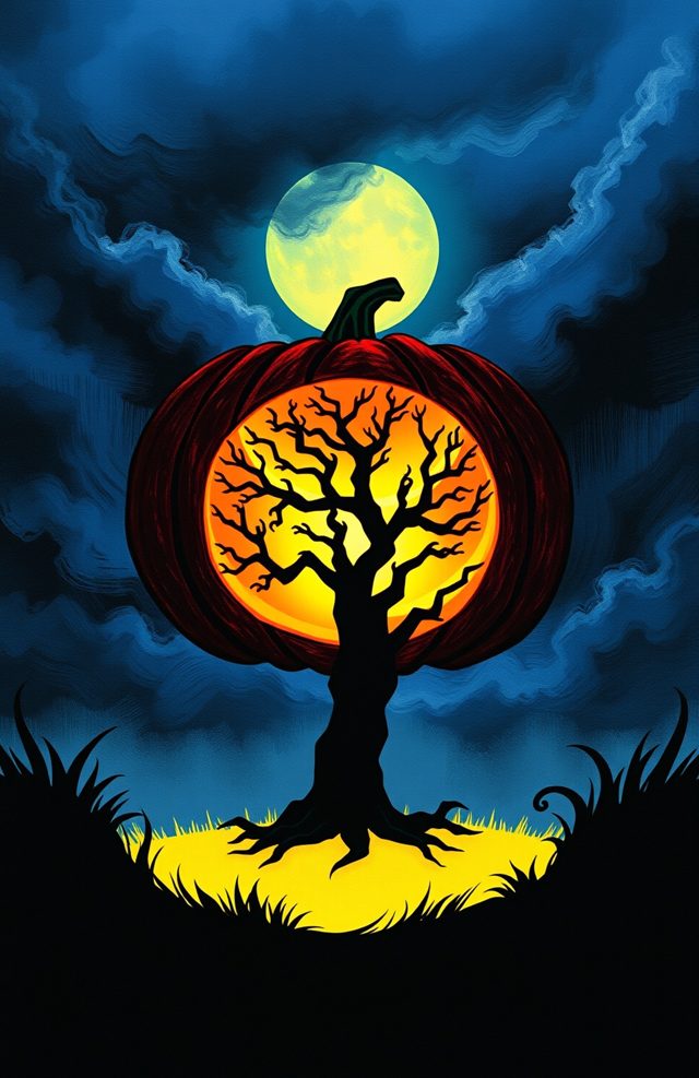 Pumpkin with Glowing Haunted Tree Silhouette