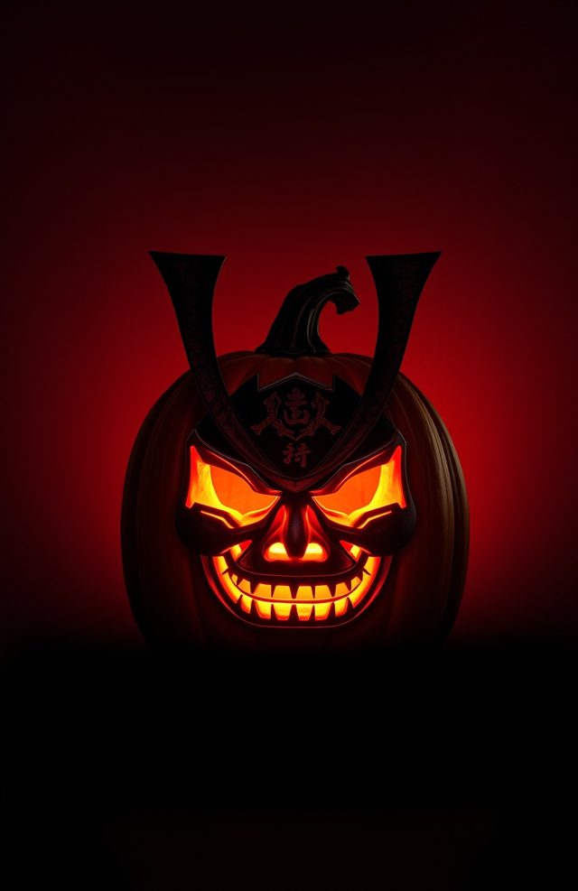 Pumpkin with Glowing Samurai Mask