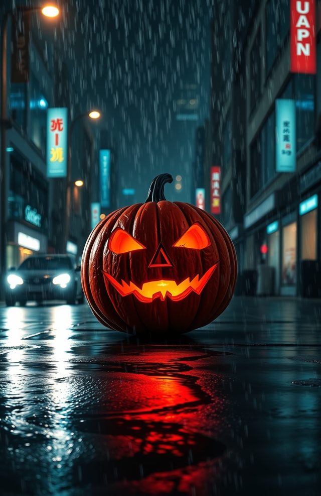 Pumpkin with Glowing Neon Sign